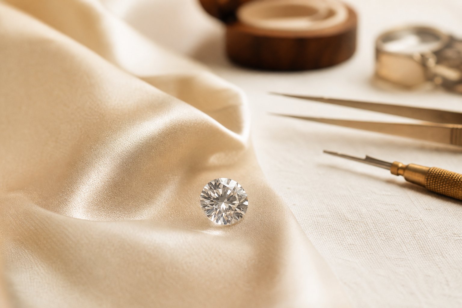 A single lab-grown diamond on champagne silk