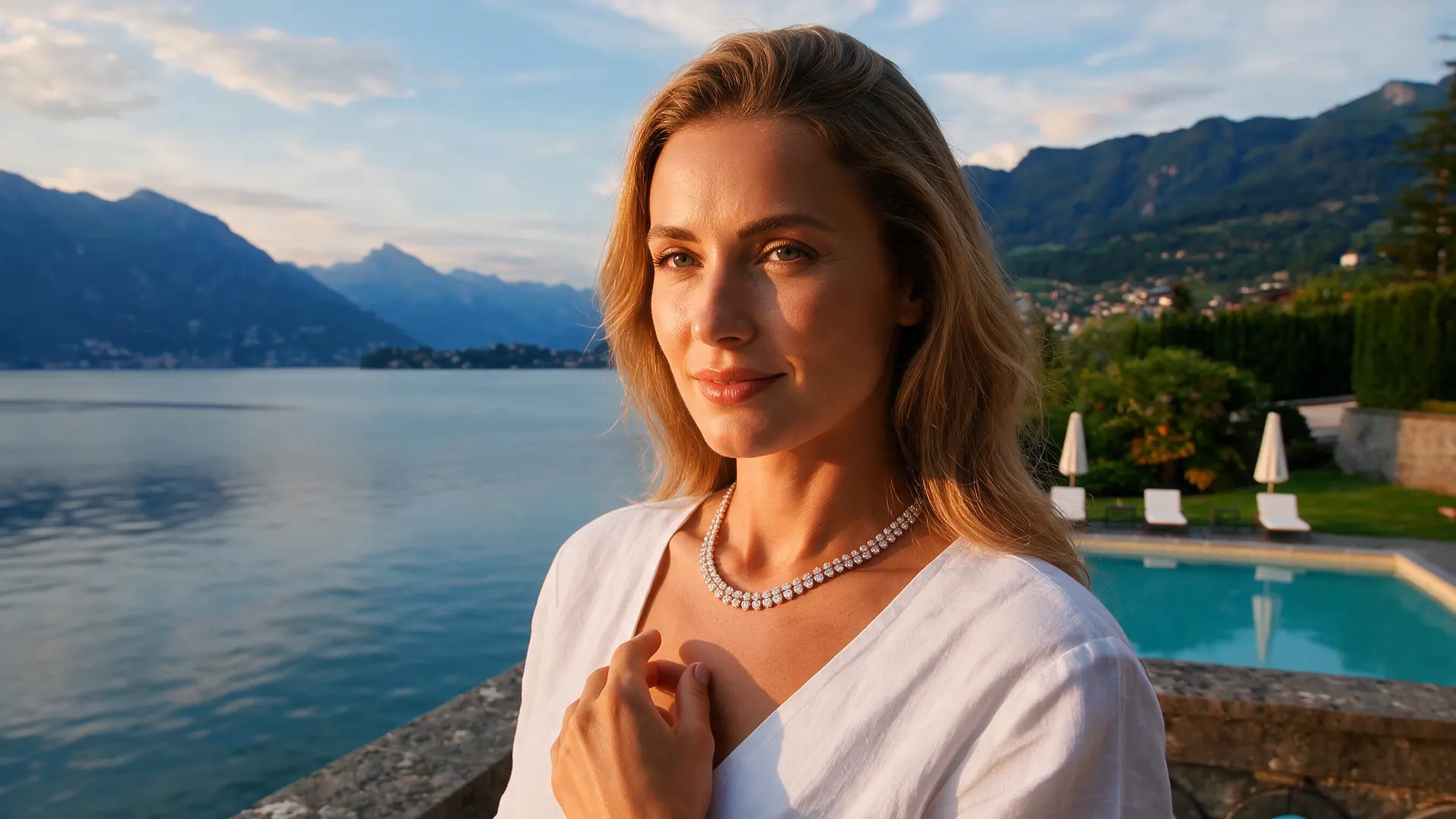 A lab-grown diamond tennis necklace worn on a lakeside balcony at golden hour