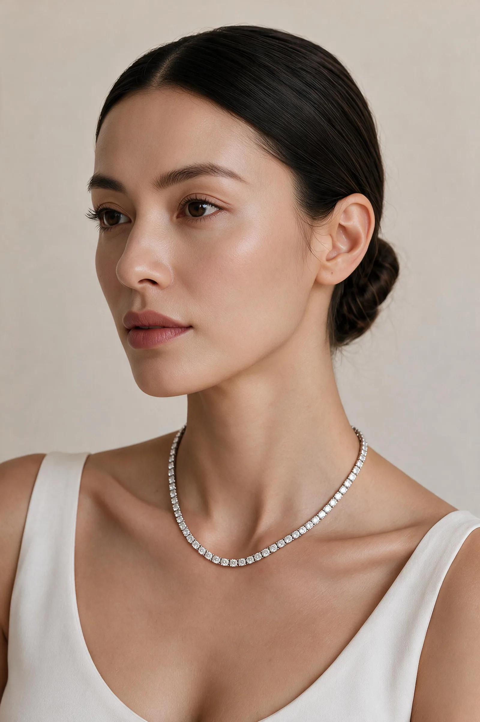 A diamond tennis necklace worn at the neckline